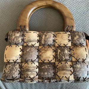 Handmade Coconut Shell Handbag Patchwork Purse Brown with white stitching. 8'' L